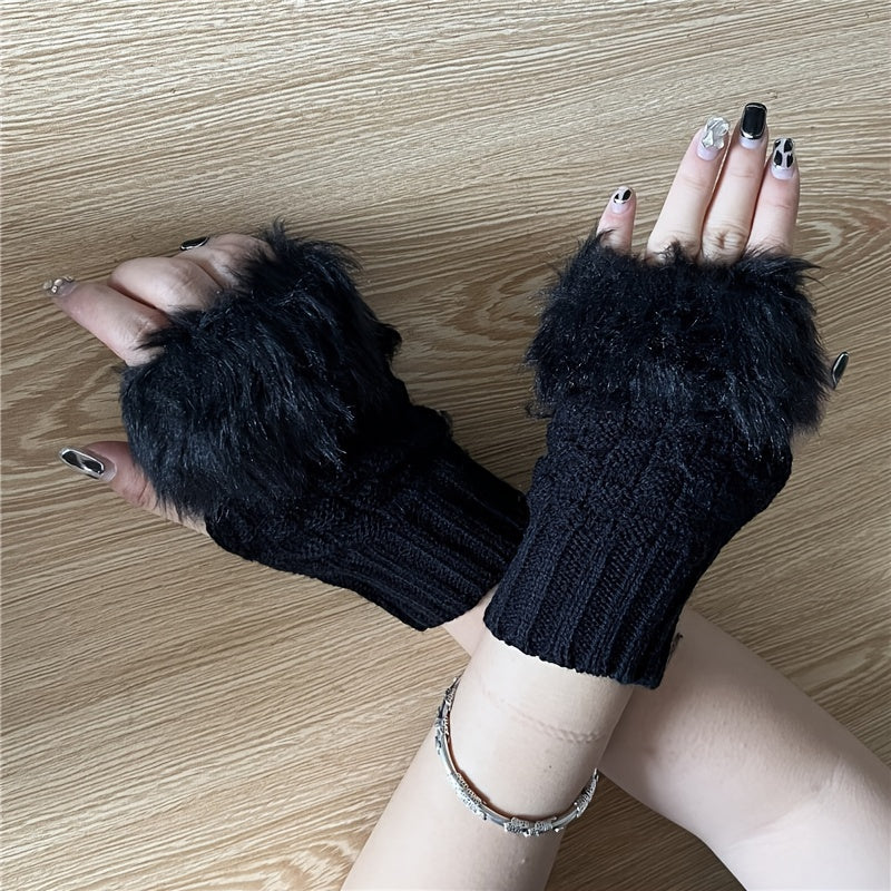 1 Pair Vintage Style Women'S Fleece-Lined Knitted Mittens - Cotton Blend, Elastic Fit, Solid Color, Warm and Cozy for Going Out - Hand Washable